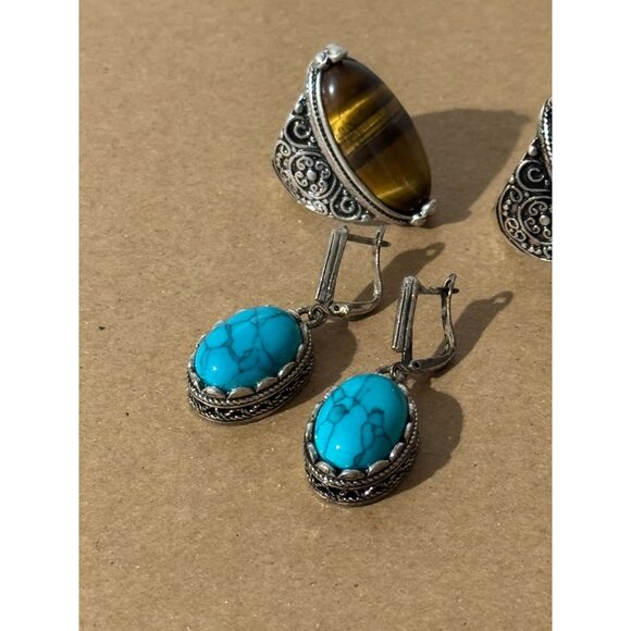 Beonon Tiger Eye Natural Gemstone Sterling Silver Jewelry Ring & Ear Ring Set - Picture 4 of 5